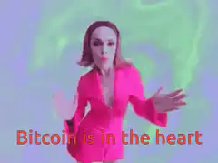 Woman in pink suit dancing with Bitcoin text