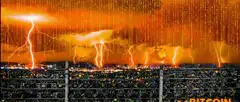 Bitcoin mining farm with lightning storm