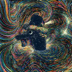 Two silhouettes hugging in a cosmic swirl