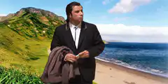 John Travolta looking confused on a beach
