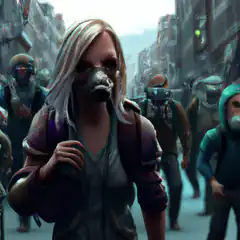 Blonde woman in gas mask walking through crowd