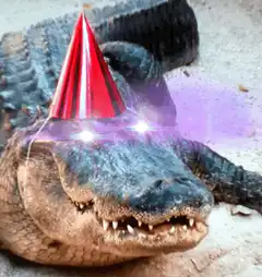 alligator with party hat and glowing eyes