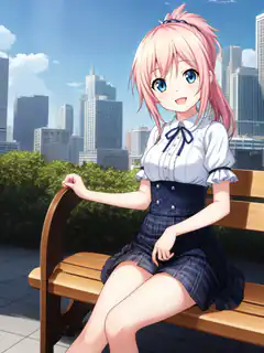 pink hair anime girl on bench