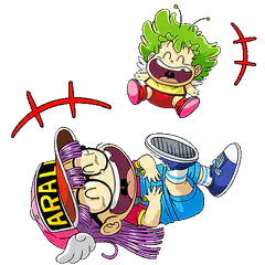 Arale and Dr. Slump laughing