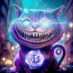 Cheshire Cat breathing fire on Bitcoin
