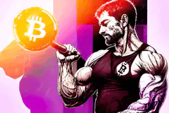 Muscular man lifting Bitcoin barbell