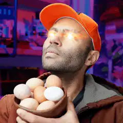 Man holding eggs with glowing laser eyes
