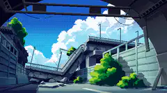 Pixel art bird flying over ruined city