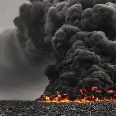 Massive fire with thick black smoke rising from a field of tires