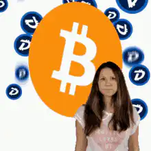 Woman shrugs with Bitcoin and Dogecoin