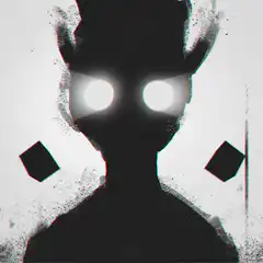 Silhouette with glowing eyes and floating cubes