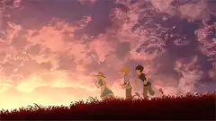 Three kids running across a field at sunset