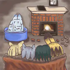 Cats sitting by a fireplace