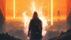 Hooded figure with glowing aura