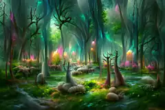 Enchanted glowing forest with deer