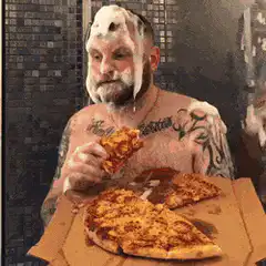 man eating pizza noodles hotdog donut