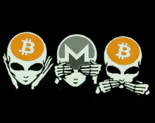 Three wise monkeys with Bitcoin and Monero logos