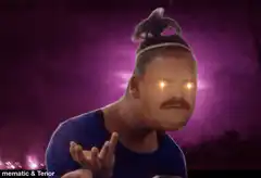 Chad with glowing eyes and lightning background