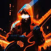 hooded guitarist with glowing eyes