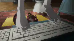 anime girl typing on keyboard with cat plushie