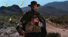 Man in poncho draws gun with lightning bolts
