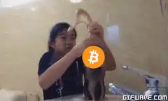 Girl squeezing bottle with bitcoin logo
