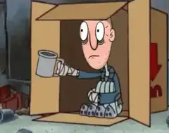 Bender in a box with a mug