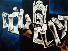 Cubist screaming figure with hands