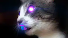 cat with glowing purple eyes and rainbow tongue