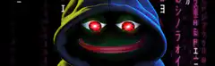 Pepe with glowing red eyes in hoodie