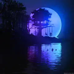 Silhouettes on swings before a giant moon