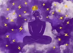 Purple figure meditating with crown and lightning