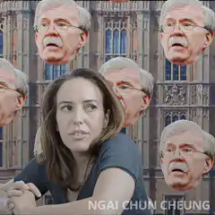 Woman surrounded by floating John Bolton heads