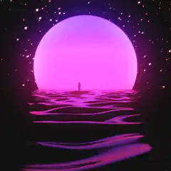Silhouette on water before pink moon