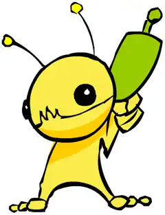 Yellow cartoon bug holding a green phone