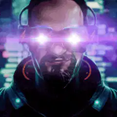 Man with glowing purple eyes and lightning