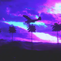 Silhouette airplane over palm trees