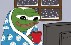 Pepe in blanket with coffee watching TV