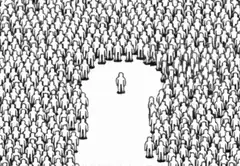 Lone figure surrounded by crowd