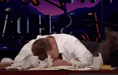 James Corden wakes up with paper on face