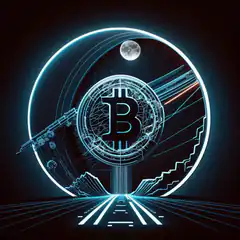 Bitcoin symbol in glowing blue portal