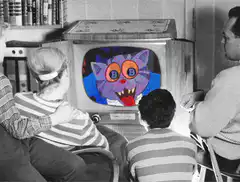 Family watching Bitcoin cat on TV