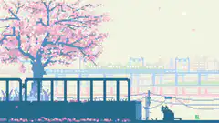 Pixel art cat watching train pass cherry blossoms