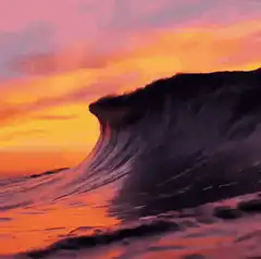 Ocean wave curling at sunset