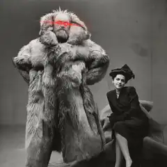 Corgi in fur coat with laser eyes and bitcoin