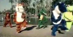 mascots dancing in a line