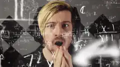 Man thinking hard with math equations
