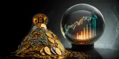 Bitcoin pile and crypto chart crystal ball