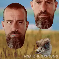 Floating bearded man and bird heads