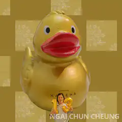 Woman with 13 balloons and golden duck